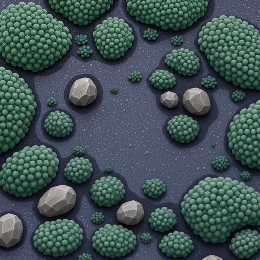 muted teal low moss - simplified stylized game art with clear material shapes