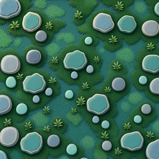 muted teal low moss - simplified stylized game art with clear material shapes