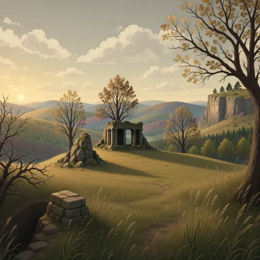 autumn landscape background - simplified stylized game art with clear material shapes