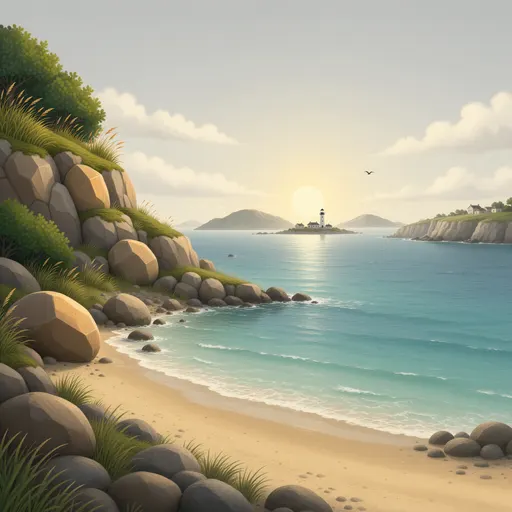 coastal landscape background - simplified stylized game art with clear material shapes