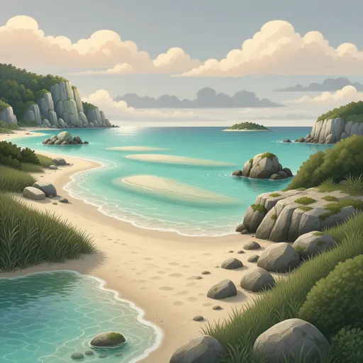 coastal landscape background - simplified stylized game art with clear material shapes