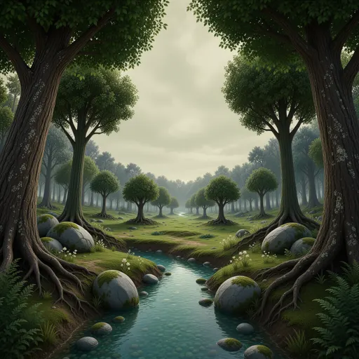 forest landscape background - simplified stylized game art with clear material shapes
