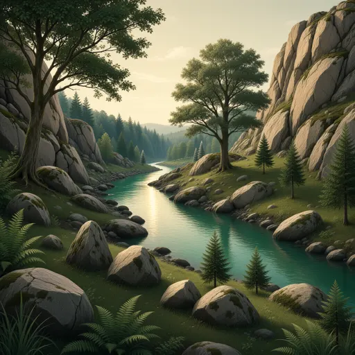 forest landscape background - simplified stylized game art with clear material shapes