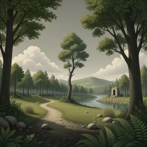 forest landscape background - simplified stylized game art with clear material shapes