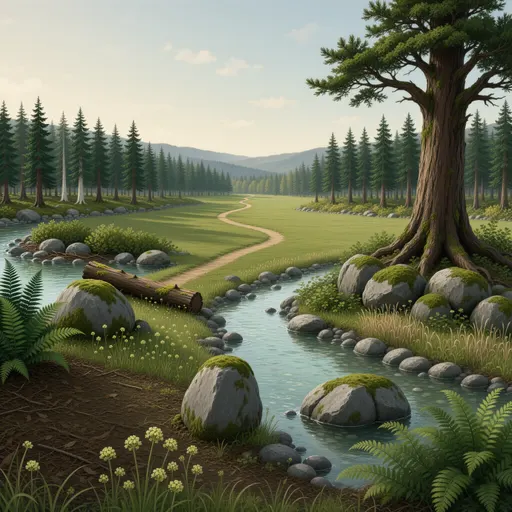 forest landscape background - simplified stylized game art with clear material shapes