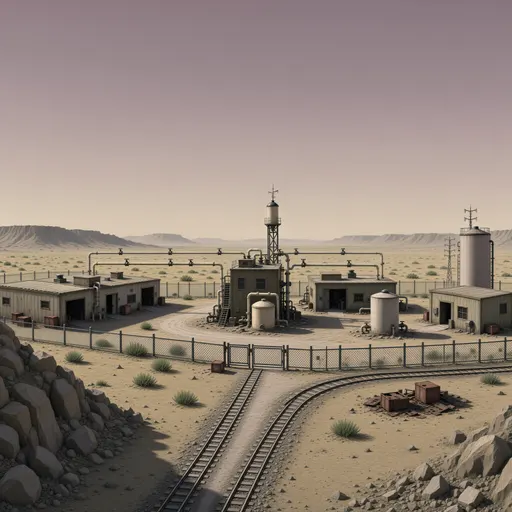 industrial landscape background - simplified stylized game art with clear material shapes