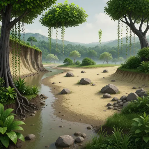 jungle landscape background - simplified stylized game art with clear material shapes