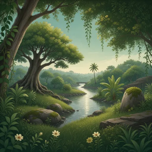 jungle landscape background - hand-painted game texture with readable brush shapes
