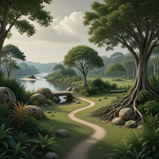 jungle landscape background - simplified stylized game art with clear material shapes