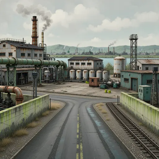 industrial landscape background - hand-painted game texture with readable brush shapes