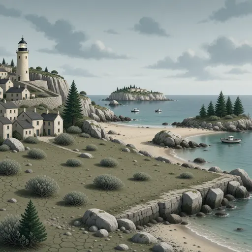 coastal landscape background - simplified stylized game art with clear material shapes