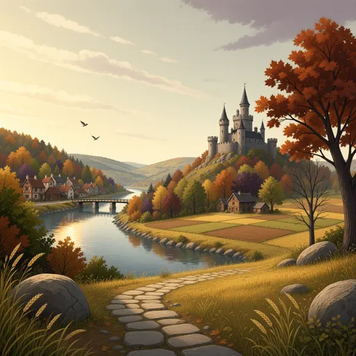 autumn landscape background - simplified stylized game art with clear material shapes