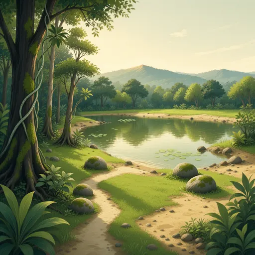 jungle landscape background - hand-painted game texture with readable brush shapes