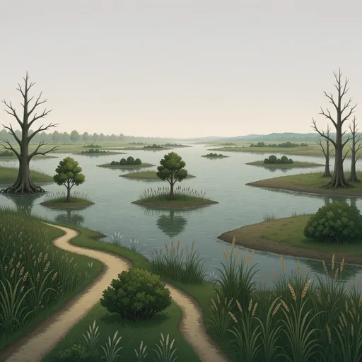 swamp landscape background - simplified stylized game art with clear material shapes