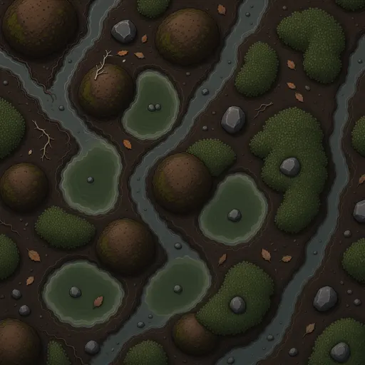 dark peat soil - simplified stylized game art with clear material shapes