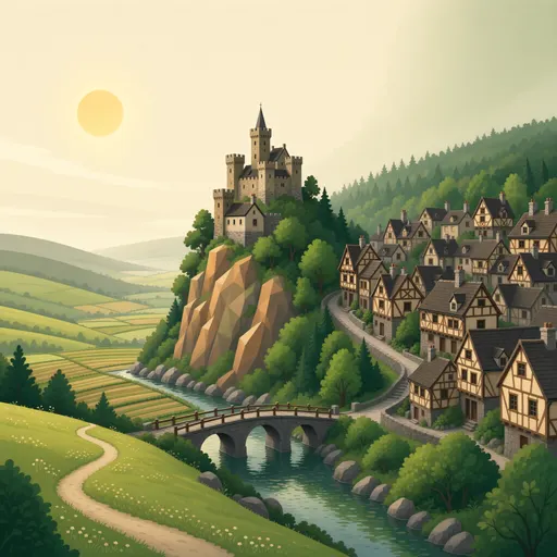 medieval village - flat vector-like illustration