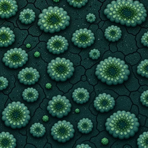 muted teal low moss - hand-painted game texture with readable brush shapes
