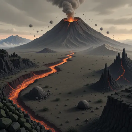 volcanic landscape background - simplified stylized game art with clear material shapes