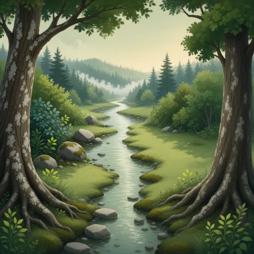 forest landscape background - hand-painted game texture with readable brush shapes