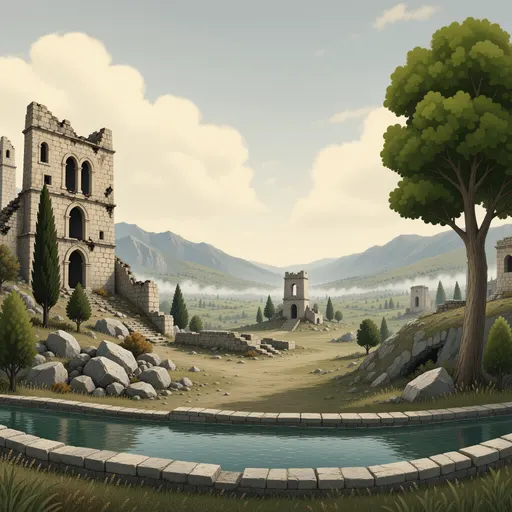 ruins landscape background - simplified stylized game art with clear material shapes