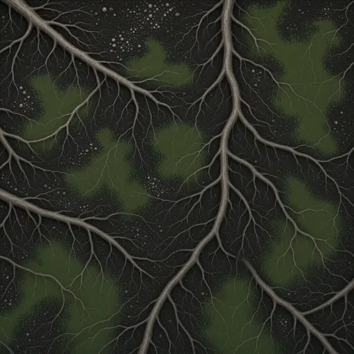 fine root-covered soil - hand-painted game texture with readable brush shapes