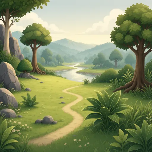 jungle landscape background - simplified stylized game art with clear material shapes