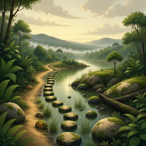 jungle landscape background - hand-painted game texture with readable brush shapes