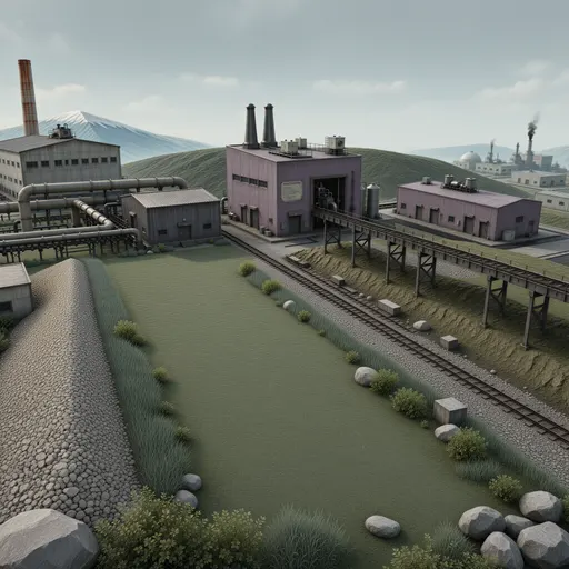 industrial landscape background - simplified stylized game art with clear material shapes