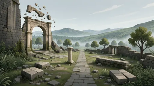 ruins landscape background - simplified stylized game art with clear material shapes