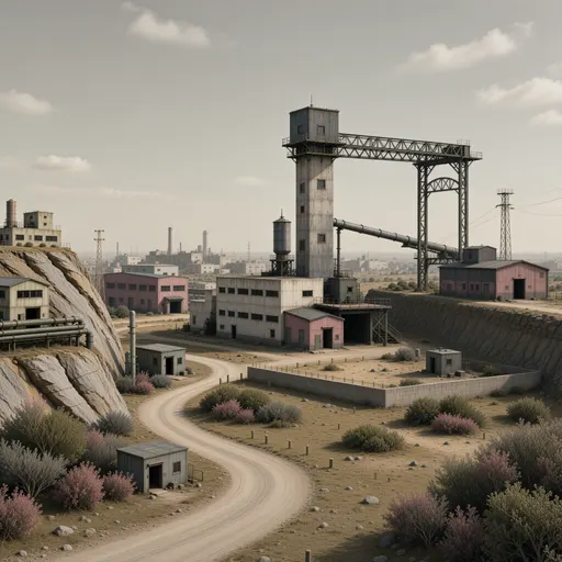 industrial landscape background - simplified stylized game art with clear material shapes