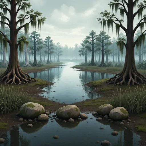 swamp landscape background - simplified stylized game art with clear material shapes