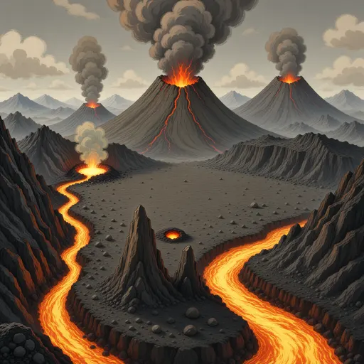 volcanic landscape background - hand-painted game texture with readable brush shapes