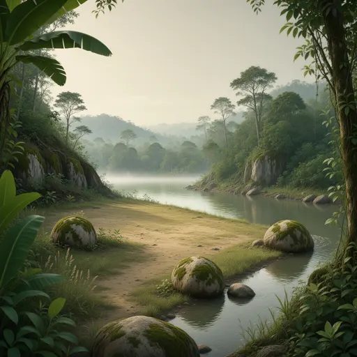 jungle landscape background - simplified stylized game art with clear material shapes