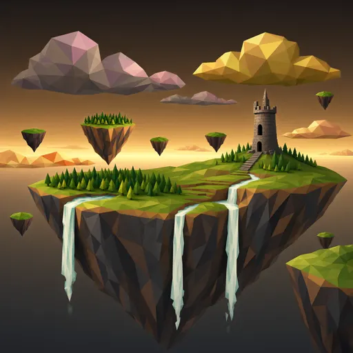 floating islands - stylized low-poly illustration