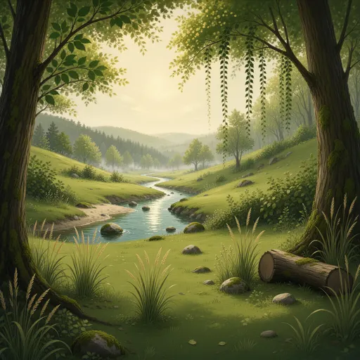 forest landscape background - hand-painted game texture with readable brush shapes