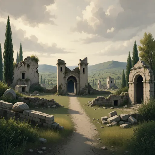 ruins landscape background - hand-painted game texture with readable brush shapes
