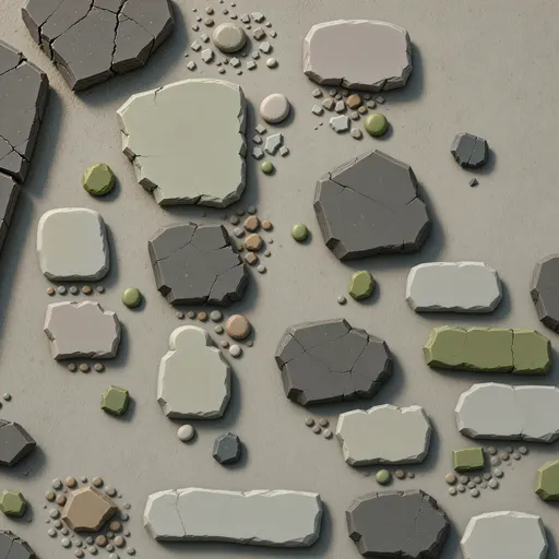 dusty stone rubble - simplified stylized game art with clear material shapes