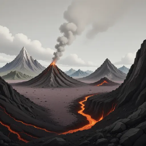 volcanic landscape background - simplified stylized game art with clear material shapes