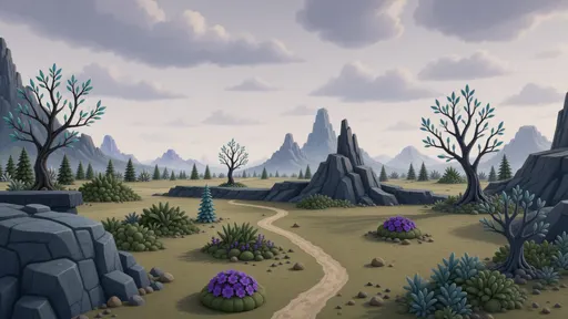 alien landscape background - simplified stylized game art with clear material shapes