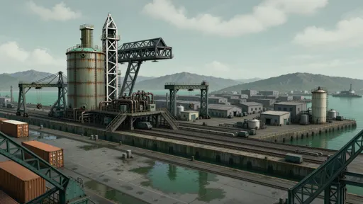industrial landscape background - simplified stylized game art with clear material shapes