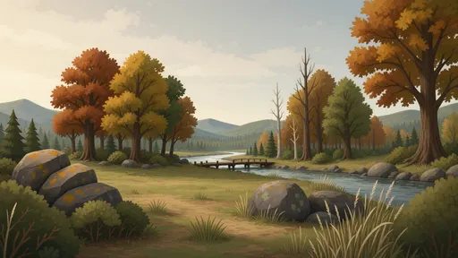 autumn landscape background - simplified stylized game art with clear material shapes