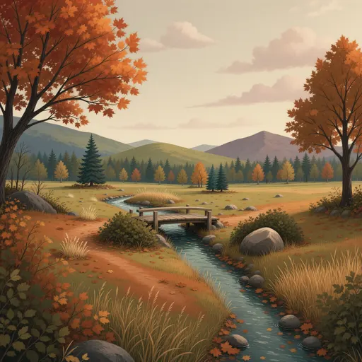 autumn landscape background - simplified stylized game art with clear material shapes