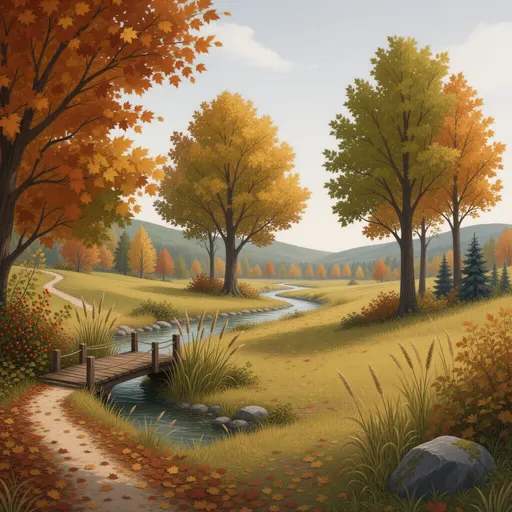 autumn landscape background - simplified stylized game art with clear material shapes