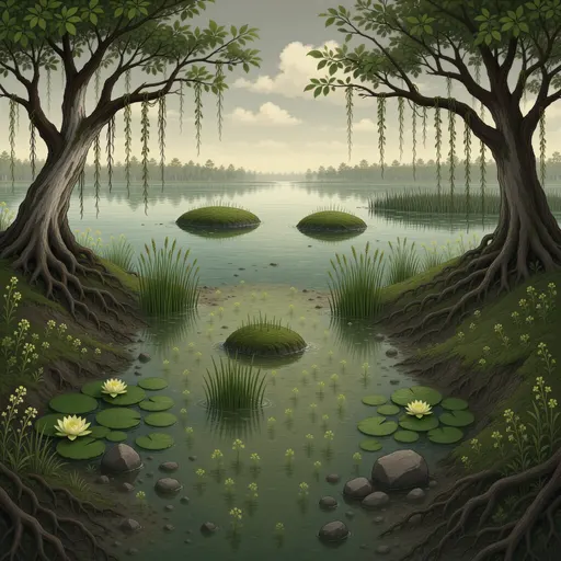 swamp landscape background - simplified stylized game art with clear material shapes