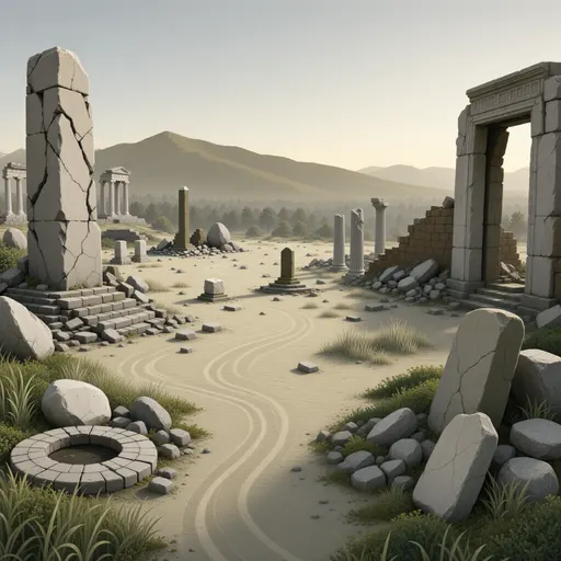 ruins landscape background - simplified stylized game art with clear material shapes