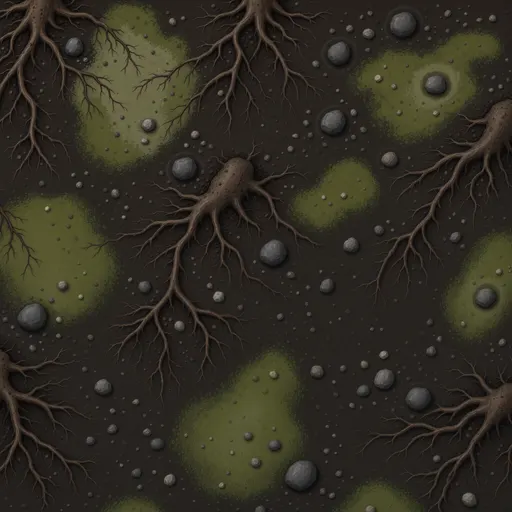 fine root-covered soil - hand-painted game texture with readable brush shapes