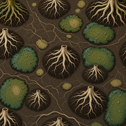 fine root-covered soil - hand-painted game texture with readable brush shapes