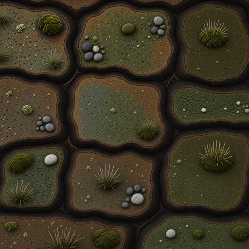dark peat soil - simplified stylized game art with clear material shapes