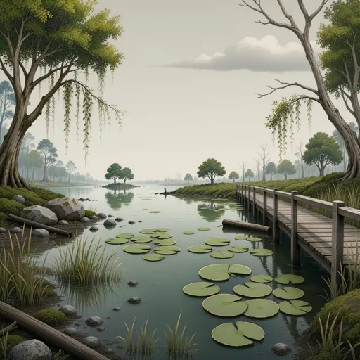 swamp landscape background - simplified stylized game art with clear material shapes