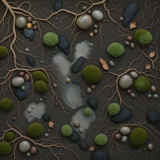fine root-covered soil - simplified stylized game art with clear material shapes